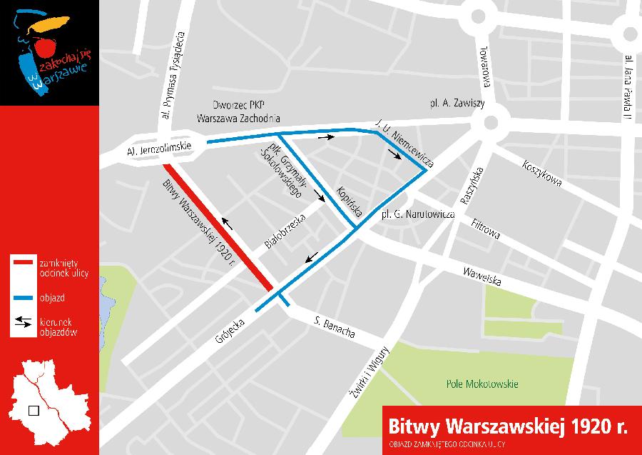 Objazdy zamkniętego odcinka ul. Bitwy Warszawskiej 1920 r. Fot. UM Warszawa
