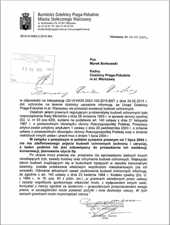 Interpelacja Marka Borkowskiego dotycząca schronów na Pradze-Południe