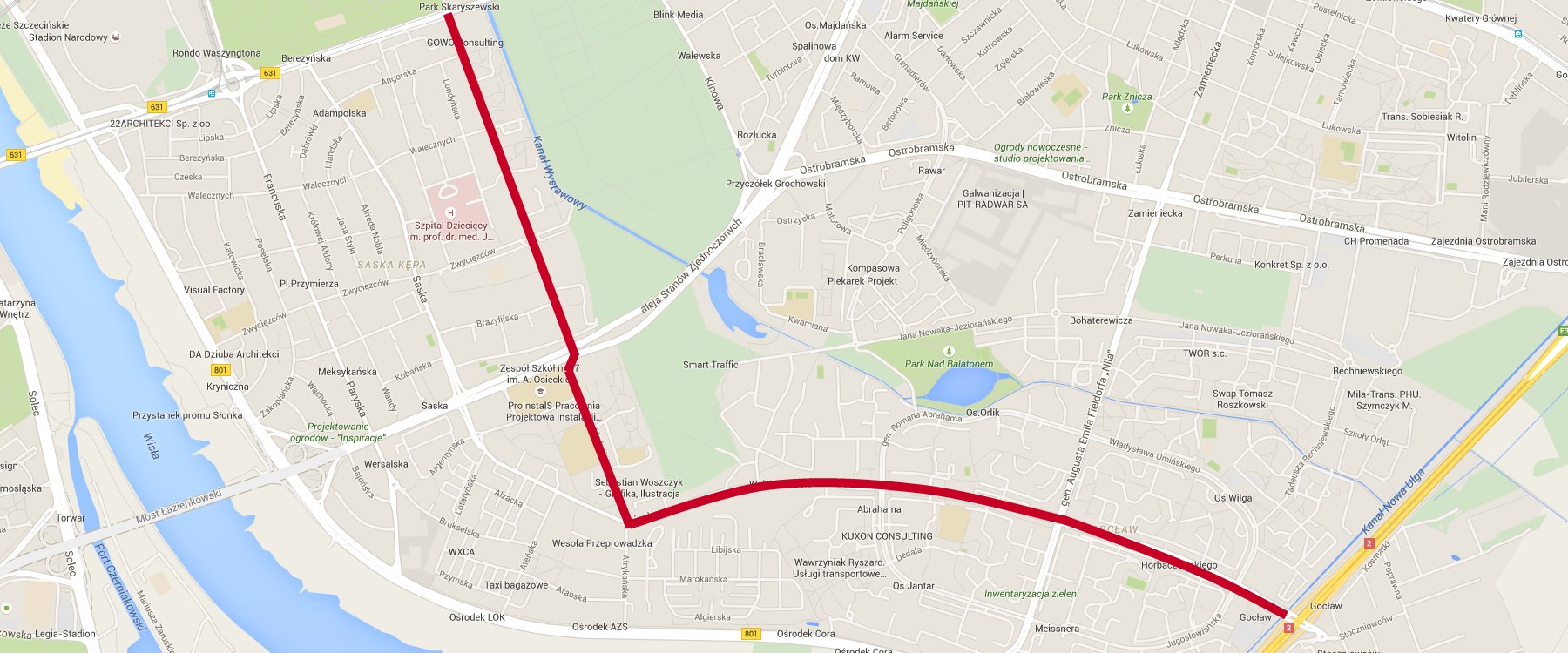 Proponowana trasa nowej linii.  Fot. Warszawa w Pigułce / Google Maps