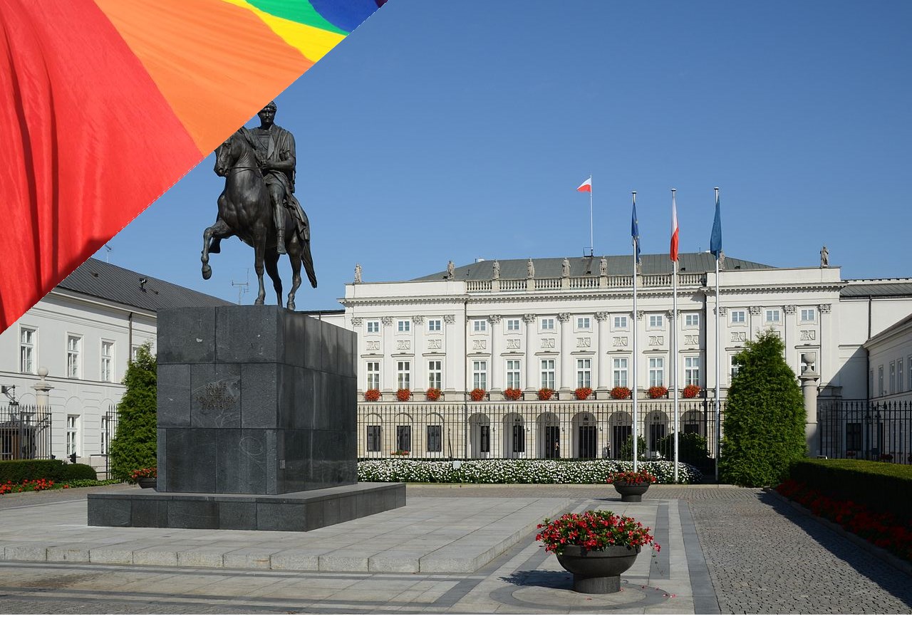 Pałac Prezydencki / Flaga LGBT. Fot. Marcin Białek / Wikipedia | Lambda