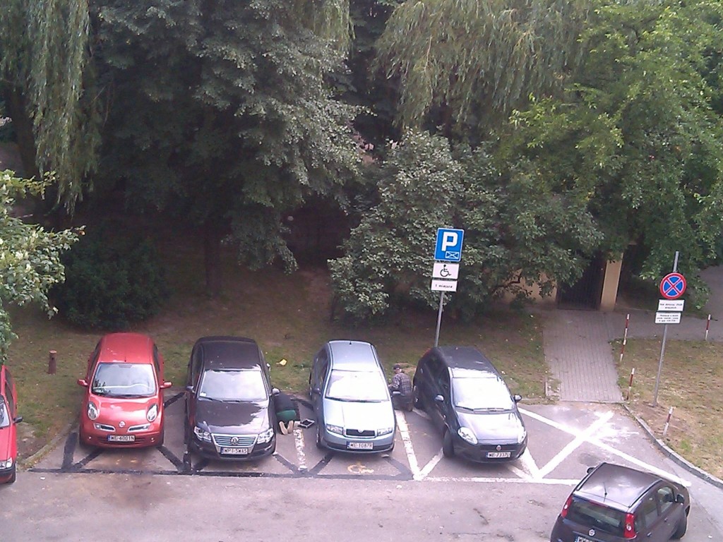 Fot. Anna Gruz Pod moim blokiem-zlikwidowano 3 miejsca dla niepełnosprawnych i zamalowano białe pasy na czarne, omijając miejsca,gdzie są opony i pod samochodami :D:D:D Plus przeniesiono znak po prawej z trawy obok znaku dla niepełnosprawnych, na trawę z boku. POLSKA! Do tego potrzeba było aż 3 panów, z czego jeden w porywach do dwóch dłubało w nosie z nudów Emotikon wink