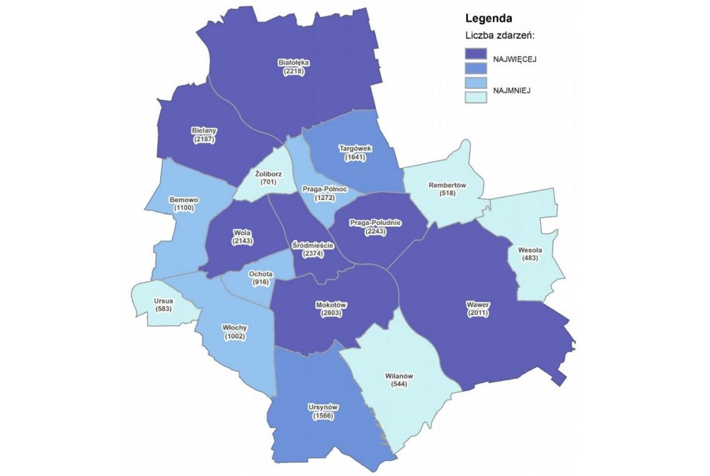 Liczba zdarzeń dotyczacych zwierząt w 2015 roku w podziale na dzielnice