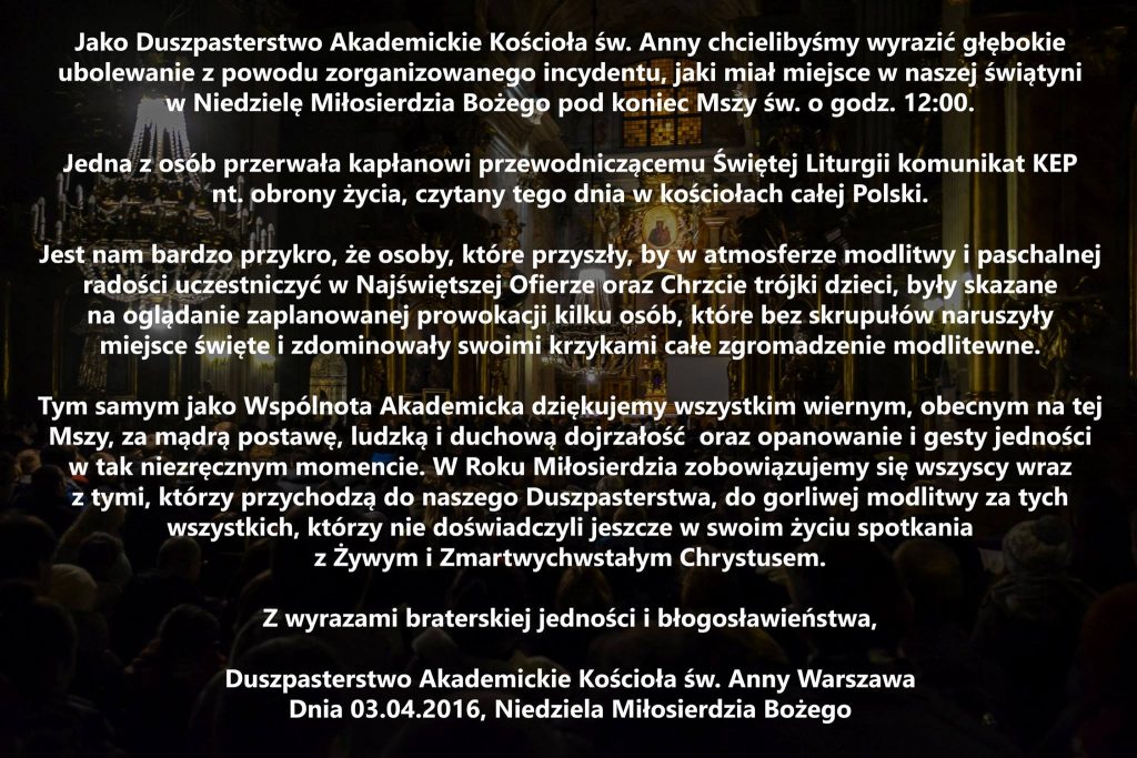 Fot. Facebook/ Duszpasterstwo Akademickie św. Anny w Warszawie