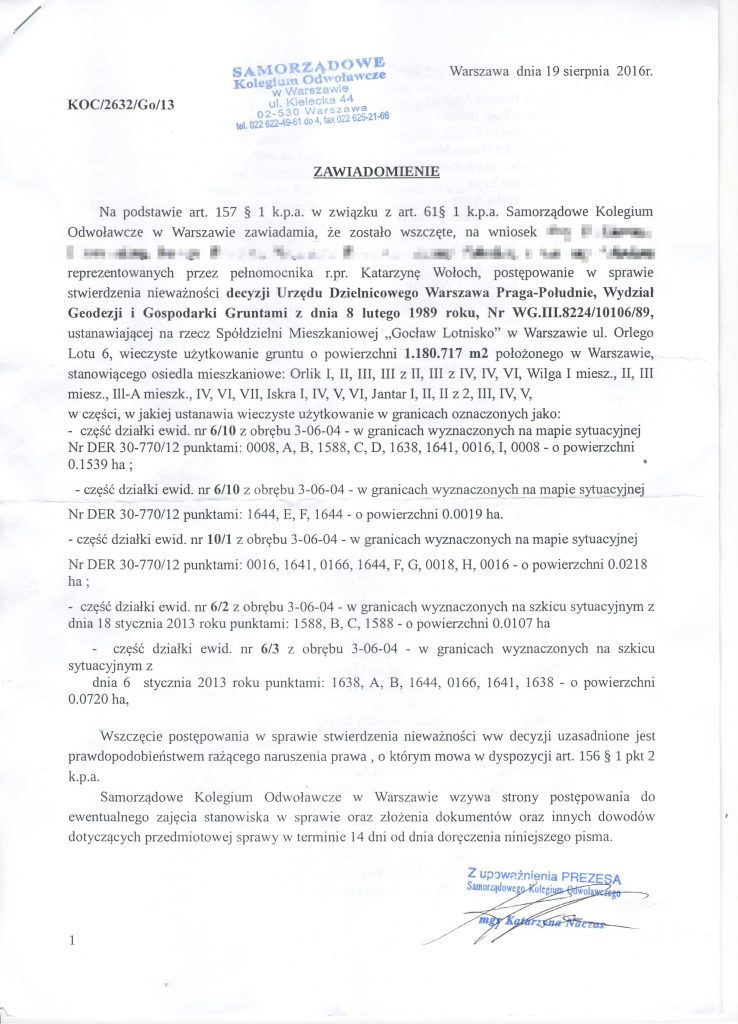 Zawiadomienie o wszczęciu postępowania. Fot. Radny Dariusz Lasocki