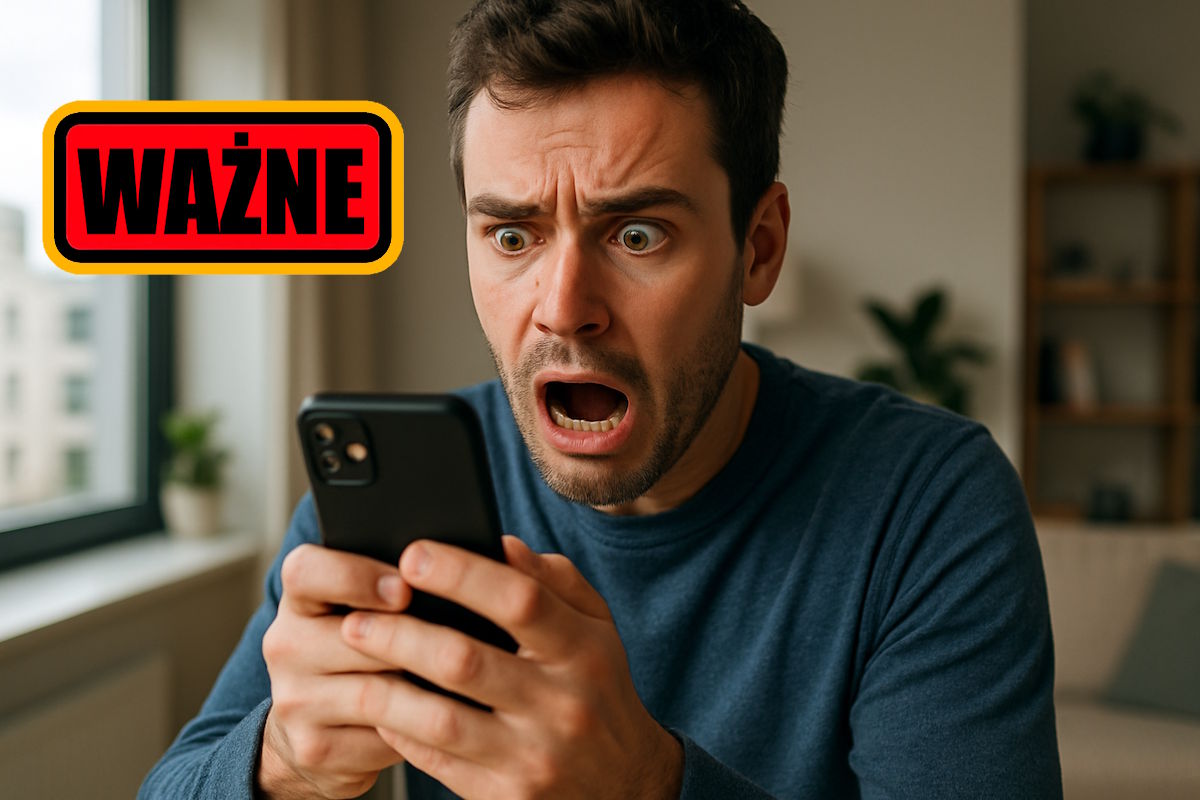 Mężczyzna z przerażeniem patrzy w ekran swojego smartfona. Fot. Warszawa w Pigułce.