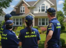 Strażnicy miejscy szykują się do kontroli domu.