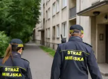 Strażnicy miejscy podczas pracy. Grafika poglądowa, częściowo generowana dzięki AI.