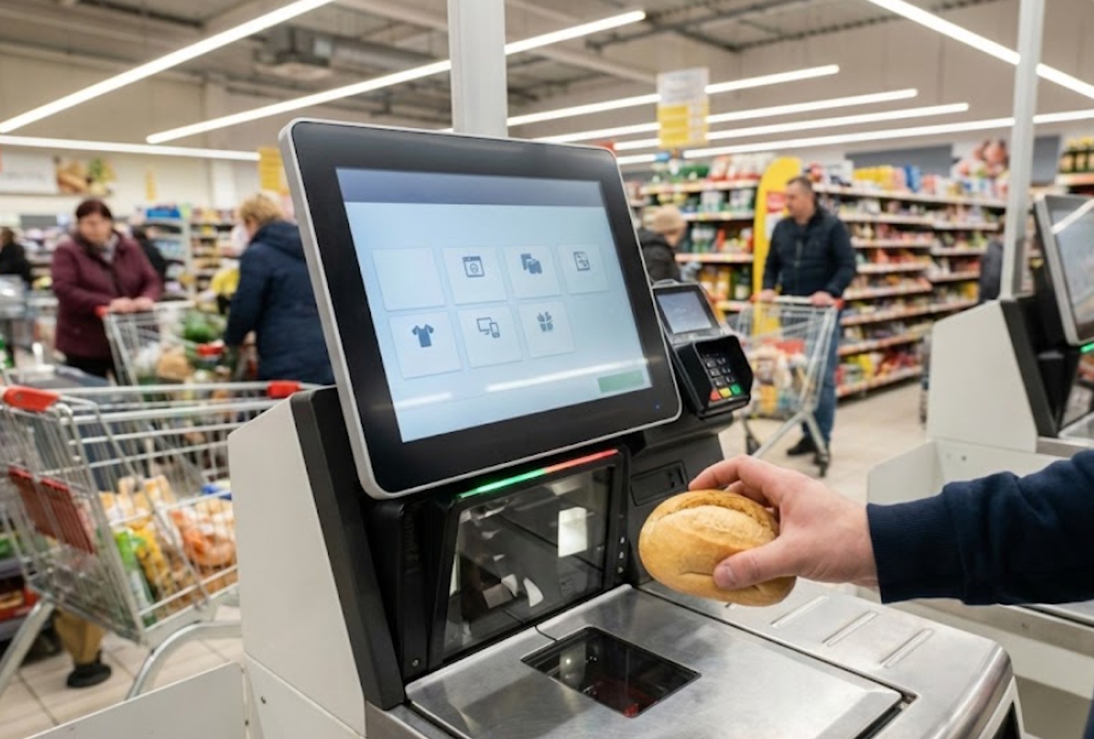 Dantejskie sceny w sklepach. Klienci są wyprowadzani w kajdankach przez jedną funkcję na ekranie dotykowym