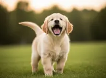 Uroczy szczeniak z szeroko otwartymi ustami, stoi na żywym zielonym trawniku. Uosabia czystą radość i duchową naturę zwierząt towarzyszących. Fot. Shutterstock