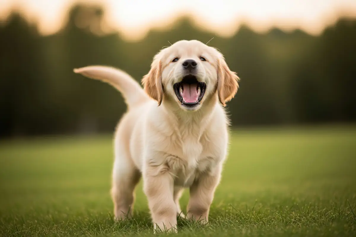 Uroczy szczeniak z szeroko otwartymi ustami, stoi na żywym zielonym trawniku. Uosabia czystą radość i duchową naturę zwierząt towarzyszących. Fot. Shutterstock