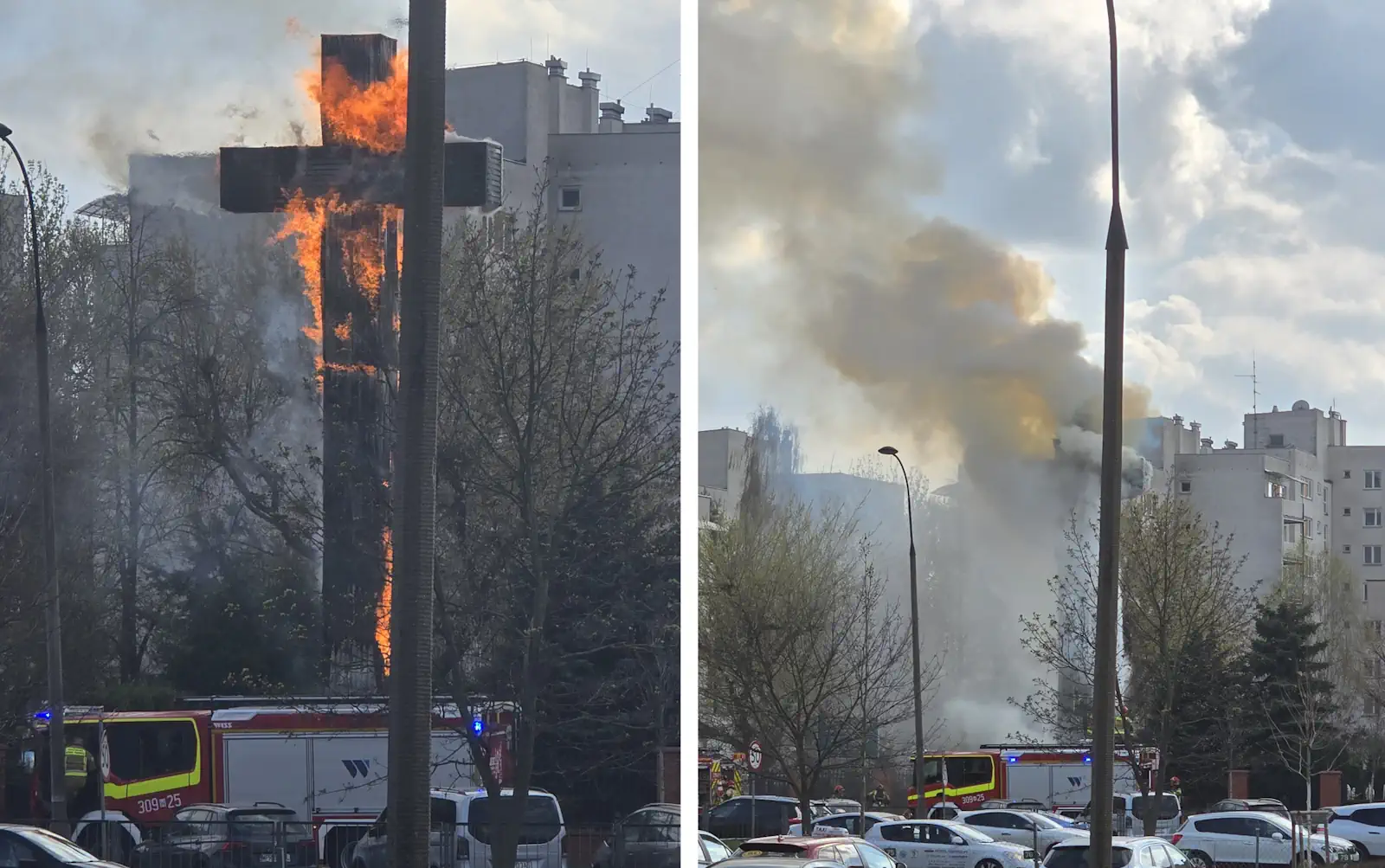Płonie krzyż przy Kościele na Mokotowie. W akcji straż, duże zadymienie