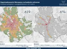 Mapa pokazująca ile schronów powinna mieć Warszawa na wypadek zagrożenia. Porównane jest to z liniami metra, które mogłyby pełnić funkcję budowli ochronnych.