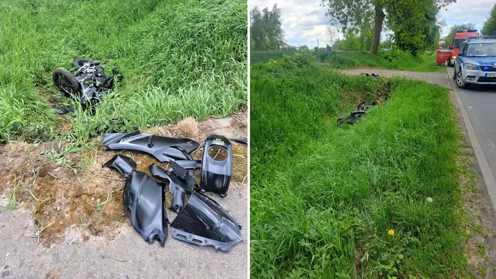 Motocyklista wpadł do rowu. Utrudnienia na drodze, kierowca w szpitalu