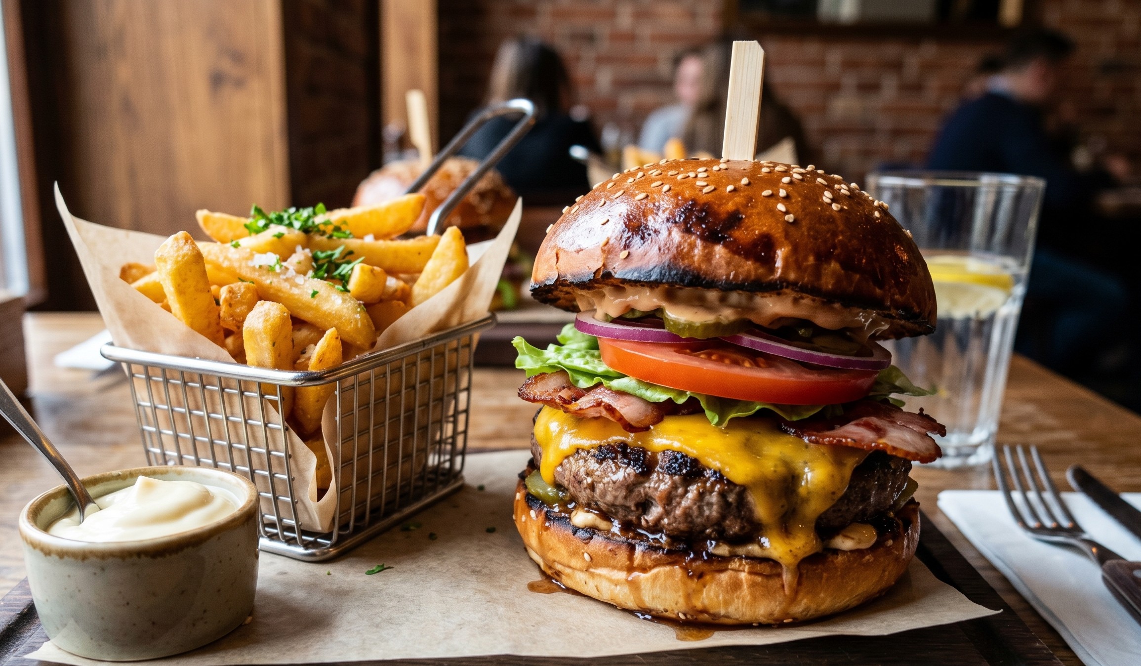 Burger z frytkami na stole w restauracji 