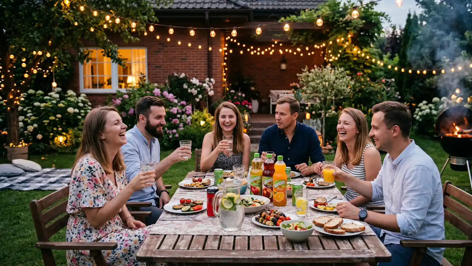 Przyjęcie w ogrodzie. Rodzina, grupa przyjaciół, grill i stół z potrawami. Zdjęcie poglądowe generowane automatycznie (Gemini).