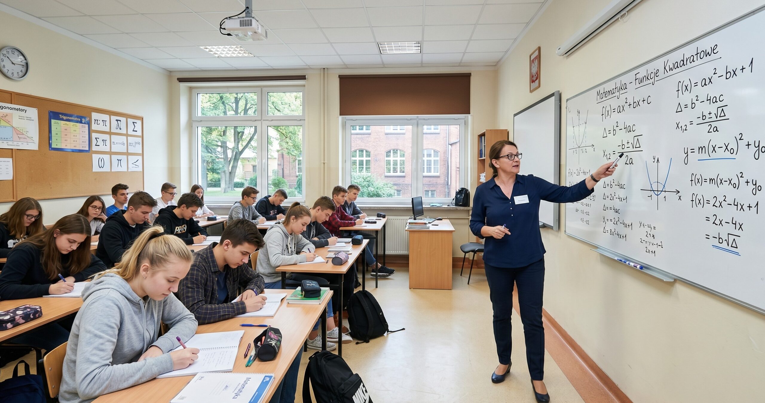 Nauczyciel wyjaśnia wzory matematyczne uczniom