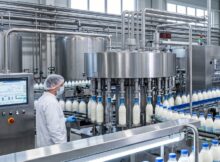 Pracownik mleczarni stoi przy linii produkcyjnej