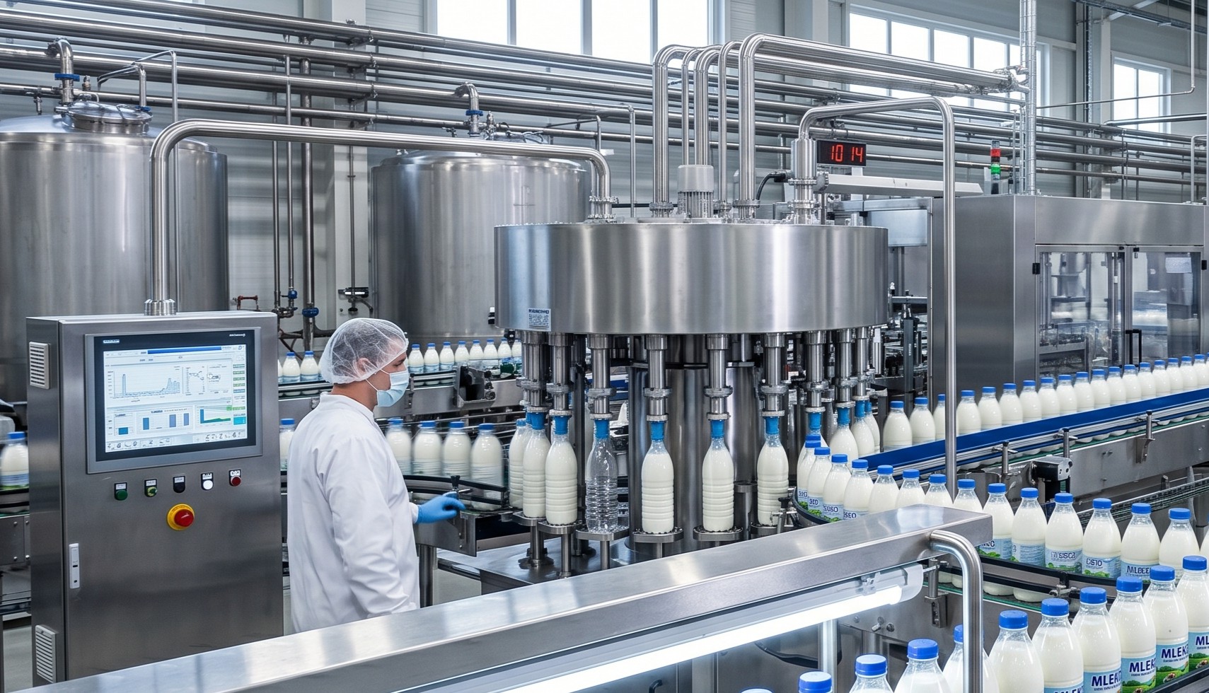 Pracownik mleczarni stoi przy linii produkcyjnej