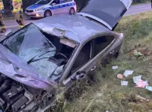 Zderzenie z Łosiem w Koliszewie. | Fot. Policja Płońsk / Retusz przy pomocy AI.