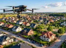 Dron krąży nad osiedlem domów jednorodzinnych. | Grafika poglądowa (generowana przy pomocy AI).