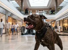 Agresywny pitbull w galerii handlowej. | Grafika poglądowa wygenerowana przy pomocy AI.