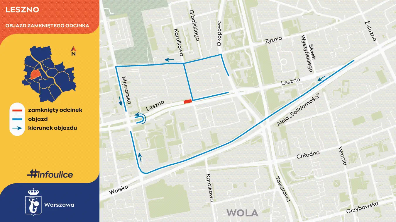 Prace ciepłowników na ulicy Leszno. | Grafika Infoulice Warszawa.