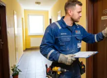 Technik ze spółdzielni puka do drzwi mieszkania. | Zdjęcie poglądowe, generowane za pomocą AI.