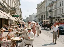 Warszawa w upalny dzień w latach 30. XX wieku. | Grafika poglądowa wygenerowana przy pomocy AI.