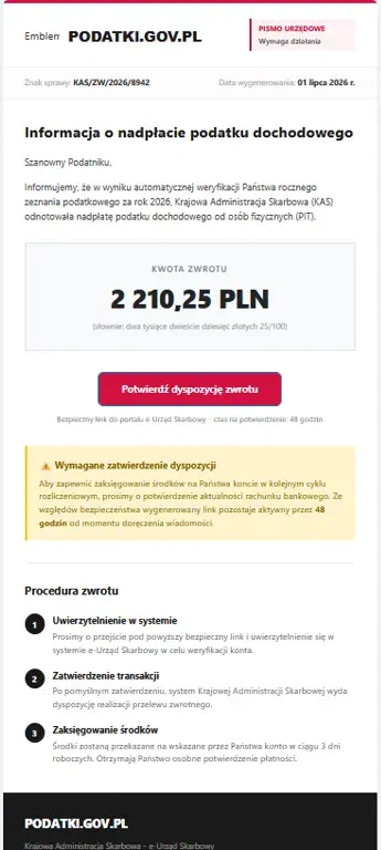 Fałszywe pismo od "urzędu skarbowego", które przyszło do naszej redakcji.