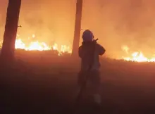 Strażak walczy z pożarem.