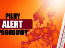 Obraz ostrzegający przed falą upałów w Polsce. Przedstawia mapę, napis Alert oraz termometr pokazujący ponad 40 stopni.