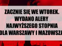 Zamek Królewski i termometr w czerwonej kolorystyce. Ostrzeżenie przed wysoką temperaturą dla mieszkańców Warszawy i Mazowsza.