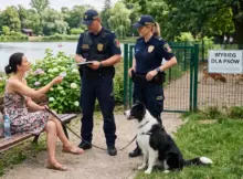 Strażnicy miejscy legitymują kobietę z psem na smyczy.